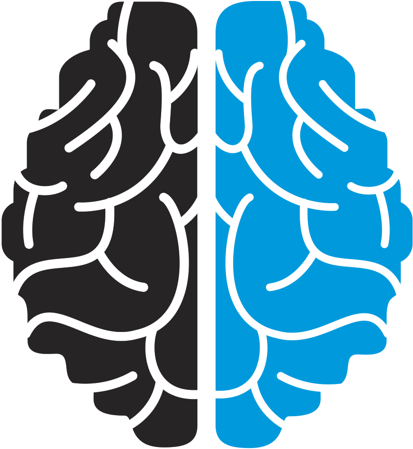 Brain logo, left half black right half blue